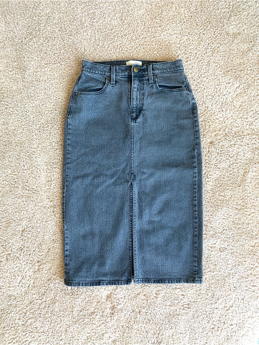 Basically New High-Waist Gray Denim Midi Skirt with Front Slit